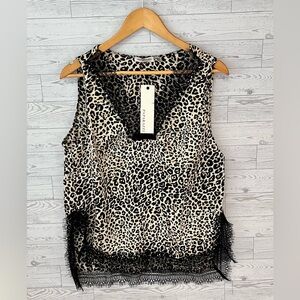 Paparazzi Women's XL Leopard Lace V-Neckline Satin Cami Blouse Black